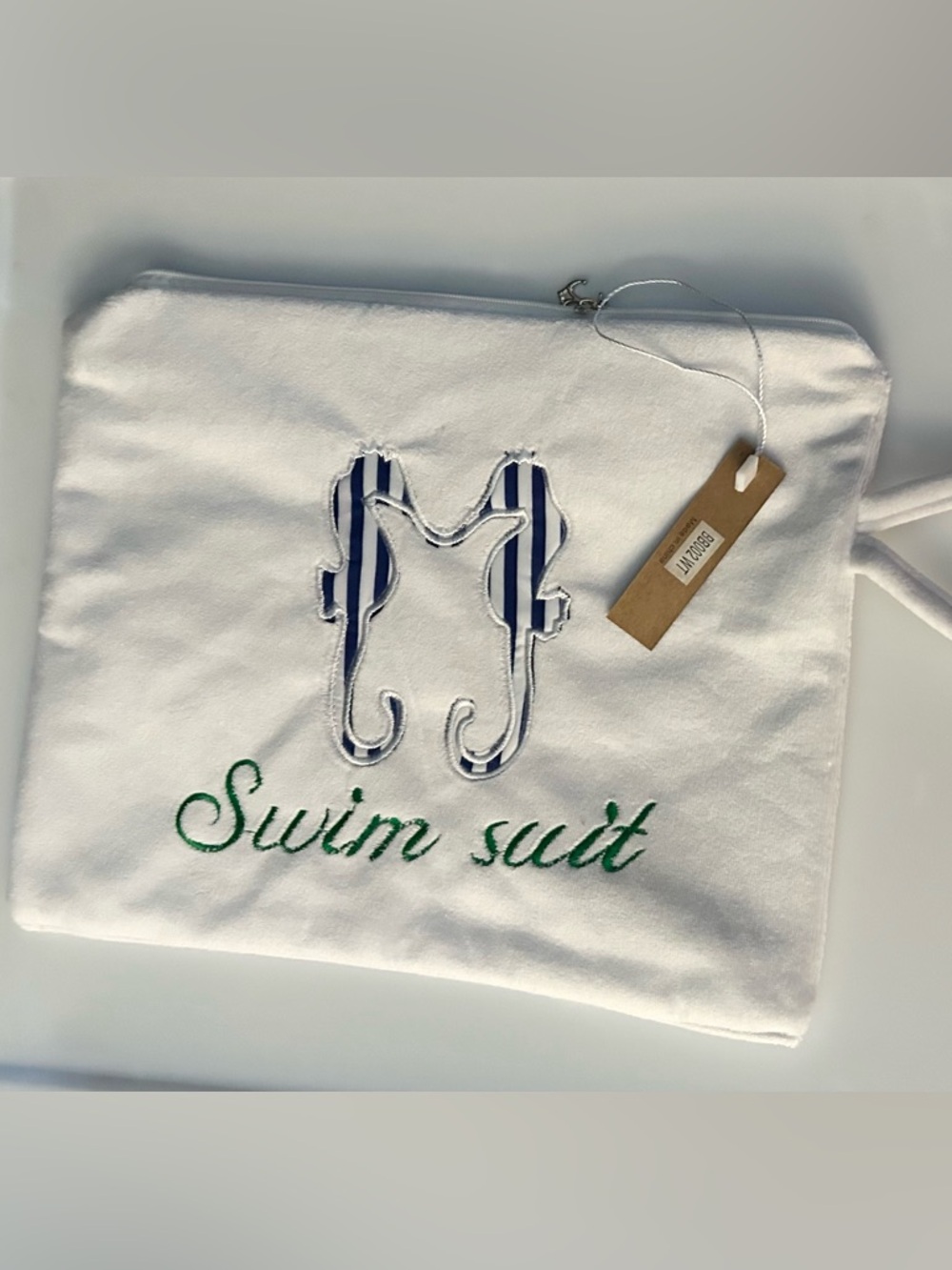 SALE Embroidered 'Swim suit' White Zip Pouch with Blue Stripe Seahorses